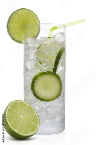 Fresh cold water drink with Lime on white background