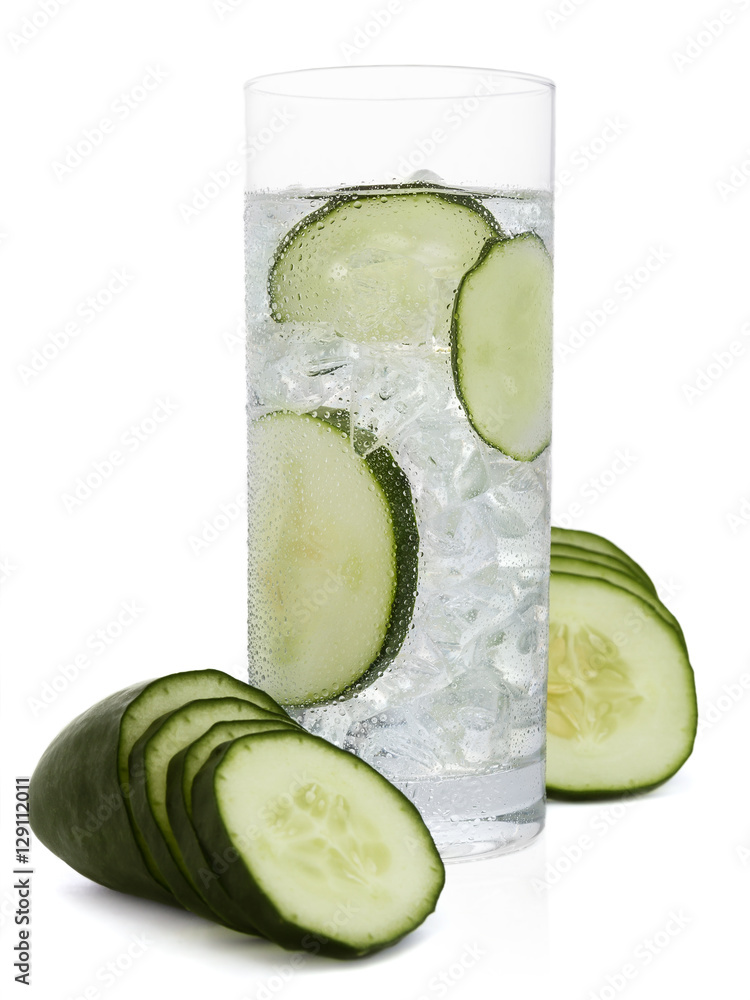 Fresh cold water drink with Cucumber on white background