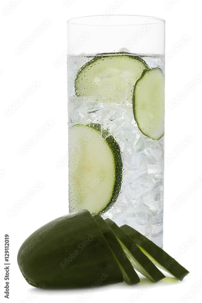 Fresh cold water drink with Cucumber on white background