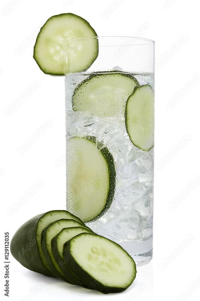 Fresh cold water drink with Cucumber on white background