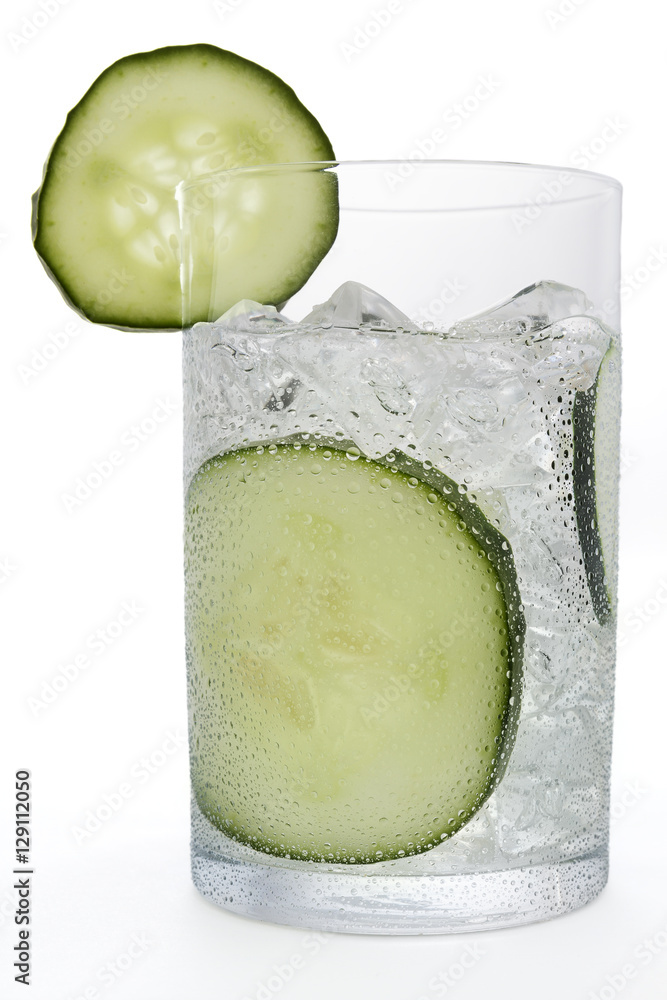 Fresh cold water drink with Cucumber on white background
