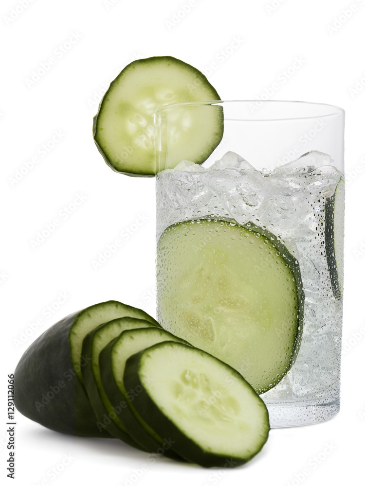 Fresh cold water drink with Cucumber on white background