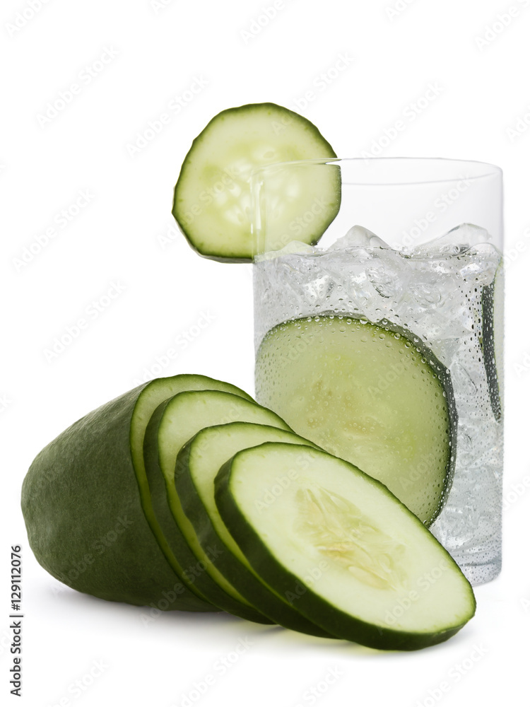 Fresh cold water drink with Cucumber on white background