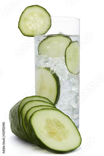 Fresh cold water drink with Cucumber on white background