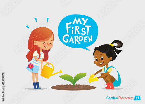 My first garden concept. Cute kids care for plants in the garden. Early education, outdoor activities. Minressiri gardening.