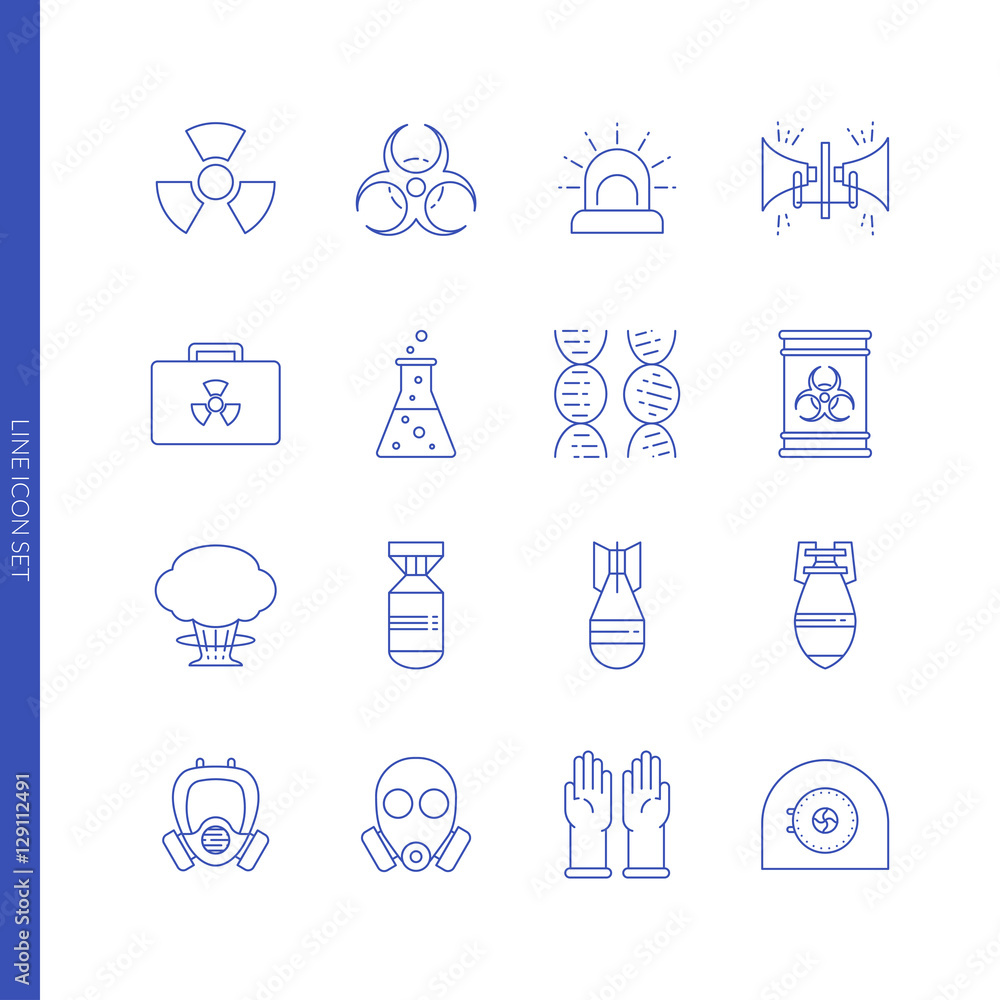 Nuclear danger and safety icon set. Icons made in line style Nuclear danger and safety icon set. Icons made in line style