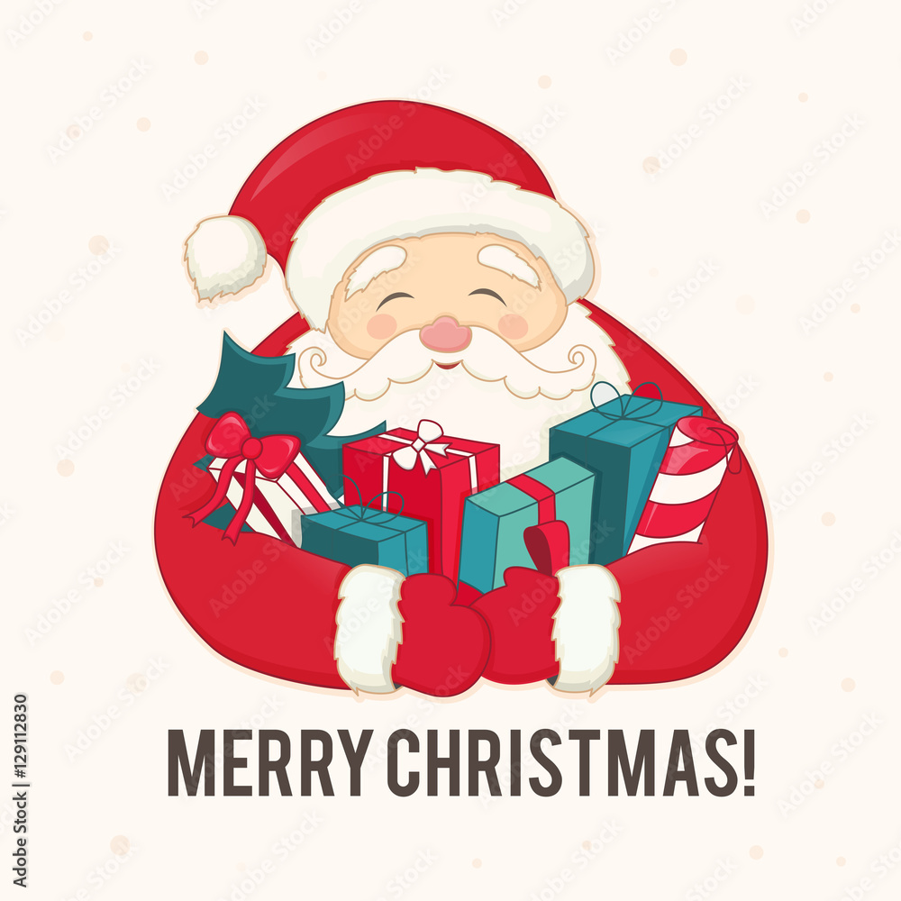 Santa Claus with Christmas tree and gifts in the hands. Jolly good fairy tale character in a red cap, coat and mittens. Snow on the background. Boxes with ribbons and bows, tinsel, confetti. Santa Claus with Christmas tree and gifts in the hands. Jolly good fairy tale character in a red cap, coat and mittens. Snow on the background. Boxes with ribbons and bows, tinsel, confetti.