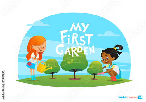 My first garden concept. Cute kids care for plants in the garden. Early education, outdoor activities. Minressiri gardening.