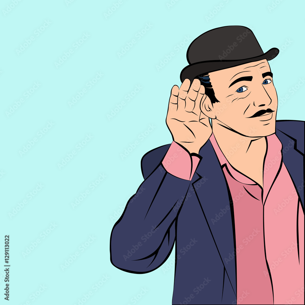 Fototapeta premium Mafioso in hat listening to the news. Handsome young man interested in rumors. Illustration in pop-art style