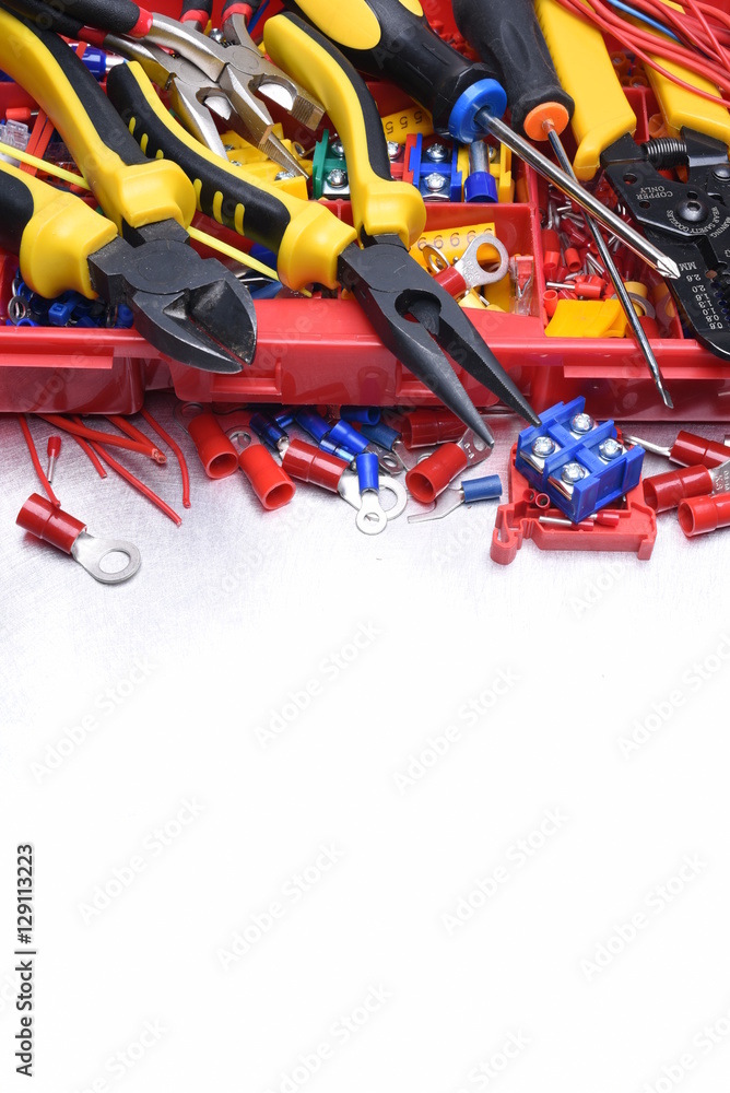 Set of tools on metal background, copy space