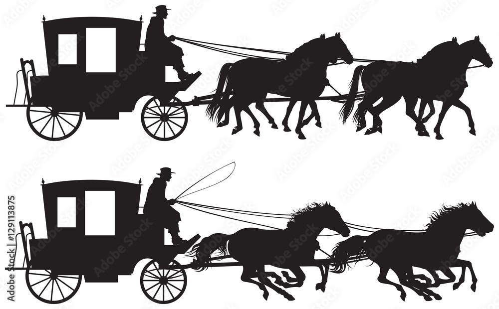 Carriage drawn by four horse’s silhouettes, fourinhand horsedrawn