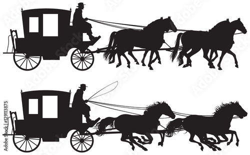 Photo Carriage drawn by four horse’s silhouettes, four-in-hand horse-drawn traveling c