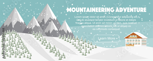 Winter wide panoramic landscape, country house, high mountains and fir trees forest under snowfall. Rural countryside winter flat background. 