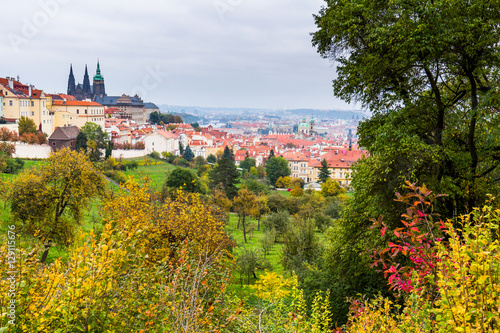 Autumn Prague panorama from Prague Hill with Prague Castle, Vltava river and historical architecture. Concept of Europe travel, sightseeing and tourism.