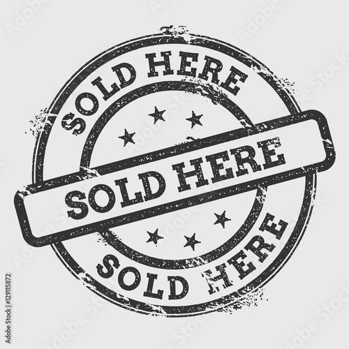 Sold here rubber stamp isolated on white background. Grunge round seal with text, ink texture and splatter and blots, vector illustration.