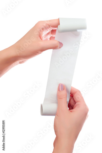 Woman or Girl Hold in Hands Roll of Paper With Printed Receipt Mock Up Template. Clean Mockup. May be Placed in Article About Shopping, Paying Bills, Finance. Copy Space & Clipping Path. On White.