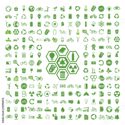 200 ecology & nature green icons set on white background. Vector