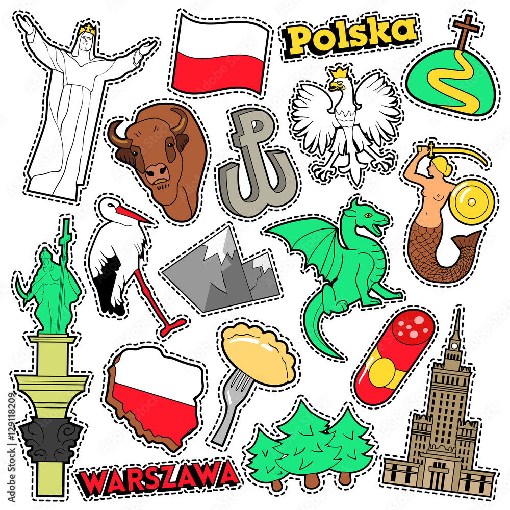 Naklejka premium Poland Travel Scrapbook Stickers, Patches, Badges for Prints with Syrenka, Eagle and Polish Elements. Comic Style Vector Doodle