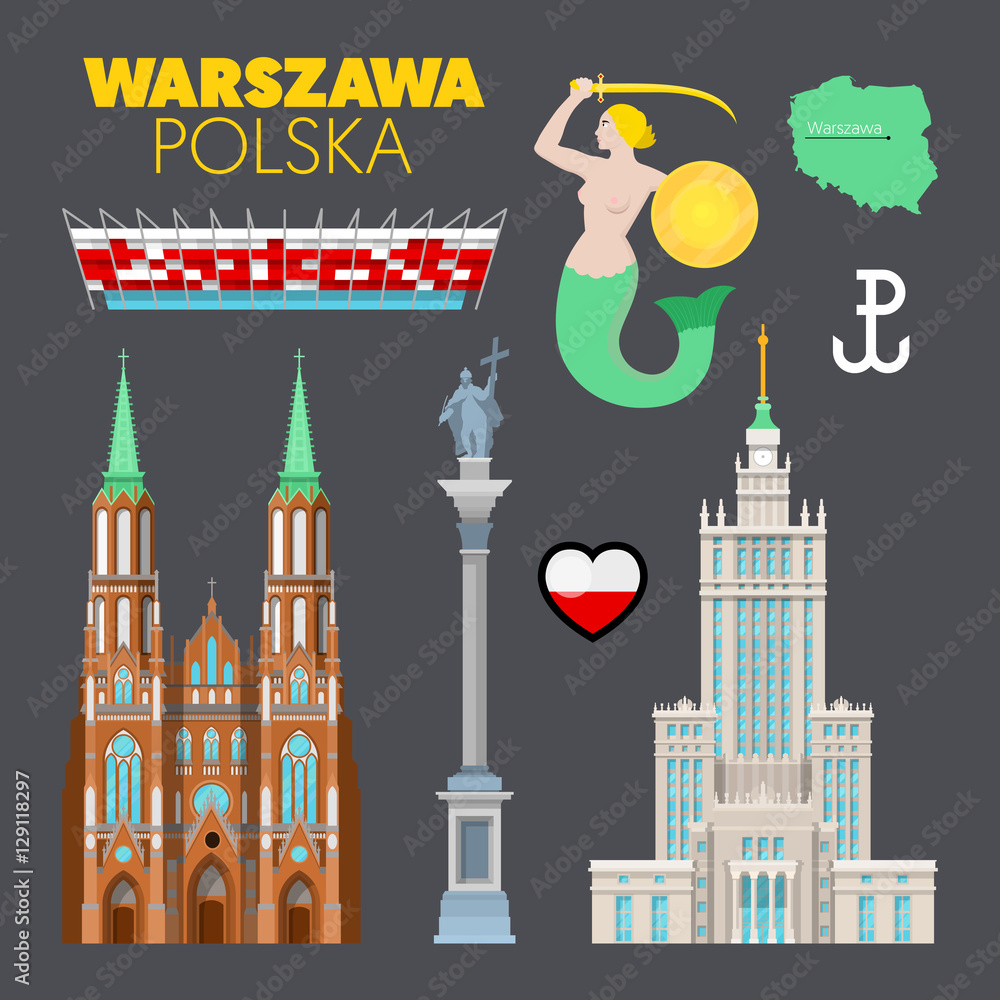 Naklejka premium Warszawa Polska Podróż Doodle z warszawską architekturą, symbolem Syrenki i flagą. Ilustracji wektorowych
