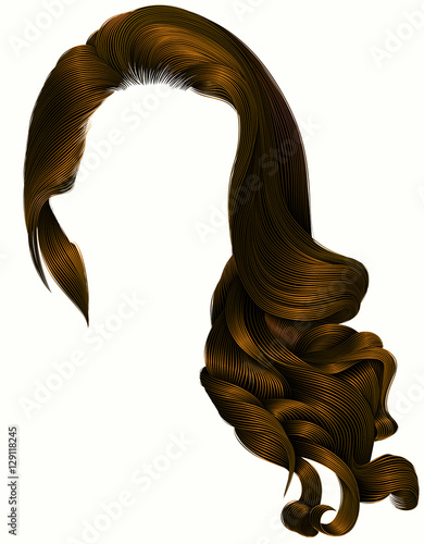 woman trendy long curly brunette hairs wig dark brown colors .
 retro style . beauty fashion . realistic 3d .