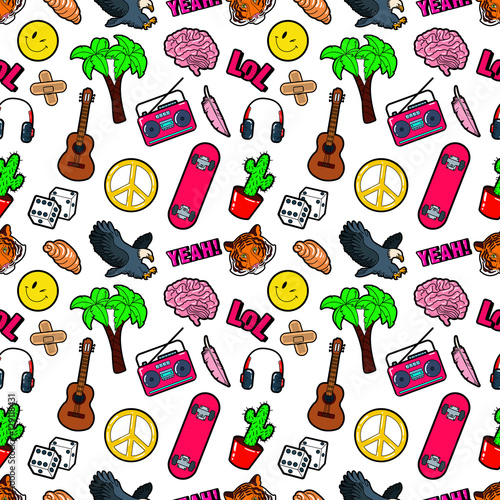 Fashion Seamless Comic Style Background with Brain, Lol, Cactus, Guitar and Palm. Vector Retro Pattern