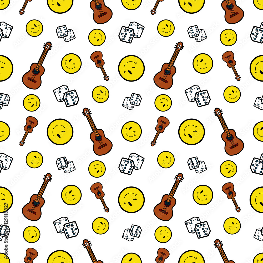 Naklejka premium Fashion Seamless Comic Style Background with Smile, Guitar and Dice. Vector Retro Pattern