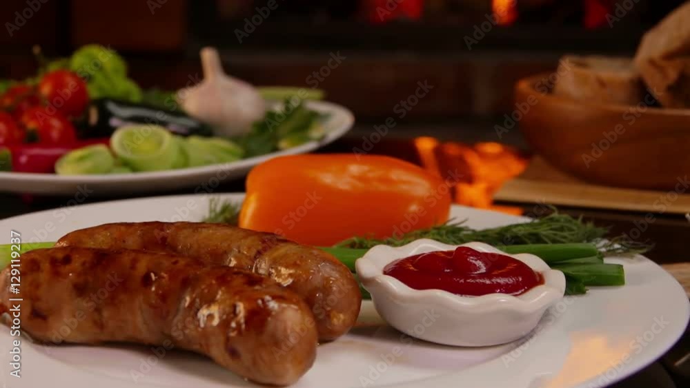 Plate with grilled sausages with ketchup , vegetables Plate with grilled sausages with ketchup , vegetables