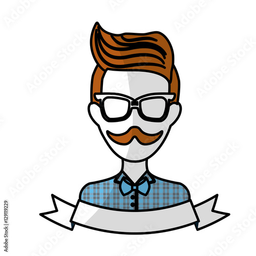 man face with mustache and glasses and decorative ribbon over white background. hispter style concept. colorful design. vector illustration