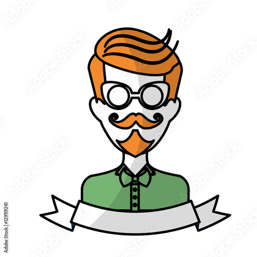 man face with mustache and glasses and decorative ribbon over white background. hispter style concept. colorful design. vector illustration