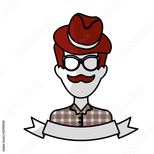 man face with mustache and glasses and decorative ribbon over white background. hispter style concept. colorful design. vector illustration