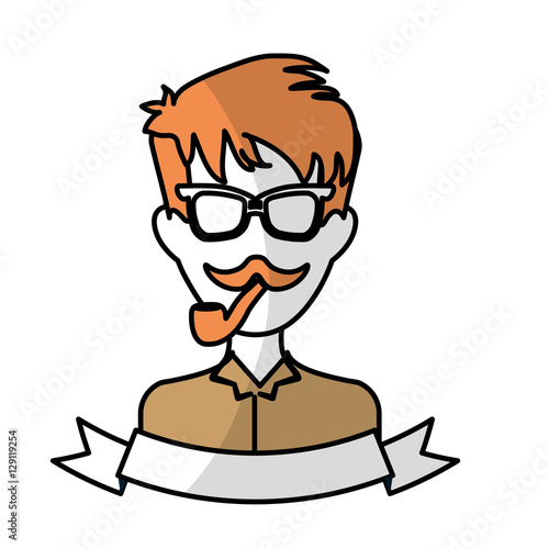 Fototapeta Naklejka Na Ścianę i Meble -  man face with mustache and glasses and decorative ribbon over white background. hispter style concept. colorful design. vector illustration