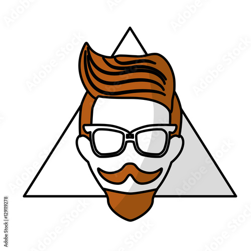 man face with mustache and glasses over triangular frame and white background. hispter style concept. colorful design. vector illustration