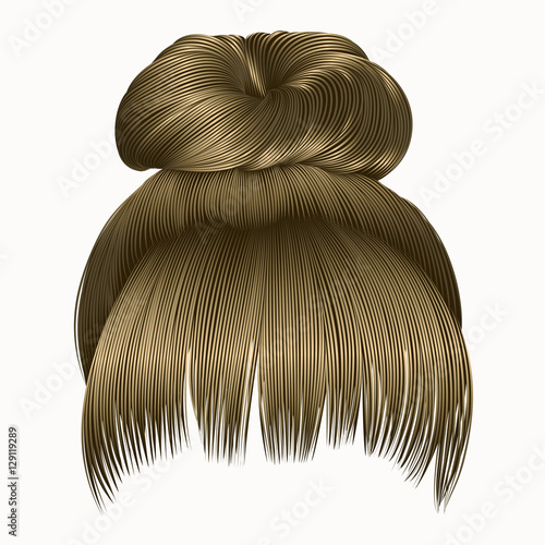 bun  hairs with fringe  blond colors . women fashion beauty style . 
