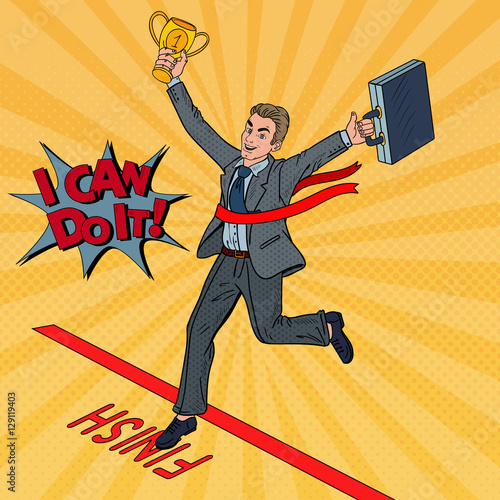 Pop Art Businessman with Golden Winner Cup Crossing Finish Line. Vector illustration
