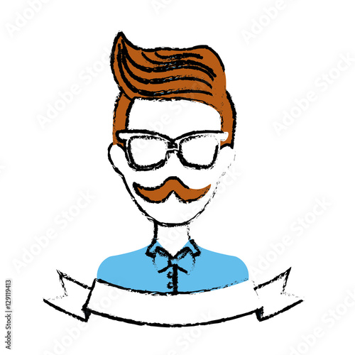 man face with mustache and glasses and decorative ribbon over white background. hispter style concept. colorful design. vector illustration
