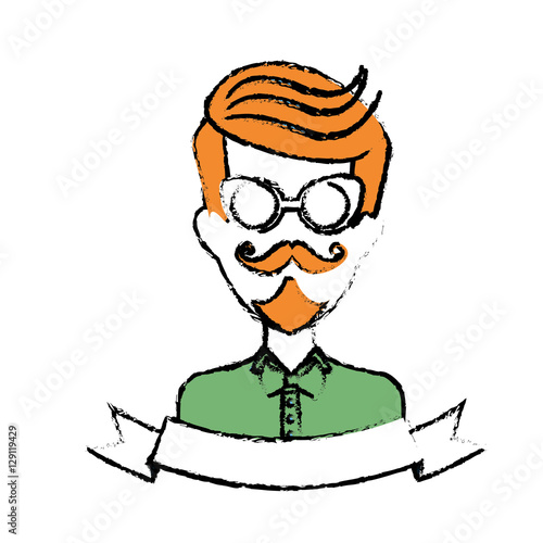 man face with mustache and glasses and decorative ribbon over white background. hispter style concept. colorful design. vector illustration