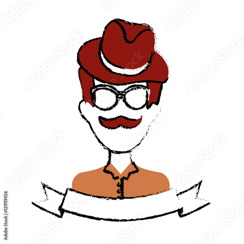 man face with mustache and glasses and decorative ribbon over white background. hispter style concept. colorful design. vector illustration