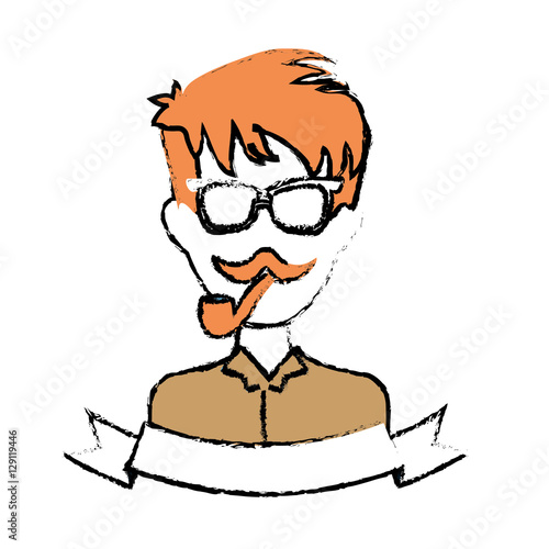 man face with mustache and glasses and decorative ribbon over white background. hispter style concept. colorful design. vector illustration