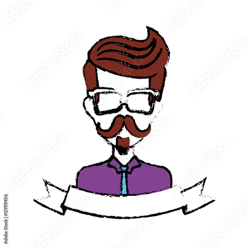 man face with mustache and glasses and decorative ribbon over white background. hispter style concept. colorful design. vector illustration