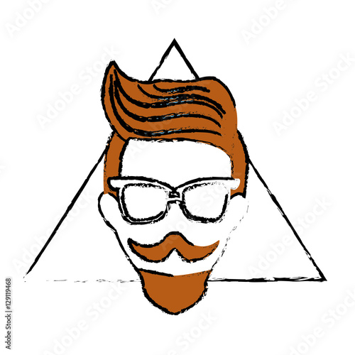 man face with mustache and glasses over triangular frame and white background. hispter style concept. colorful design. vector illustration