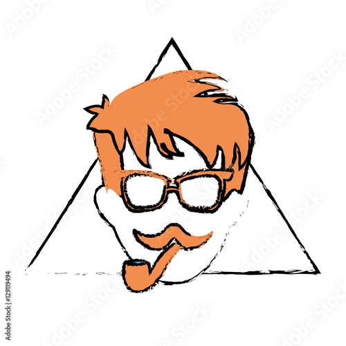 man face with mustache and glasses over triangular frame and white background. hispter style concept. colorful design. vector illustration