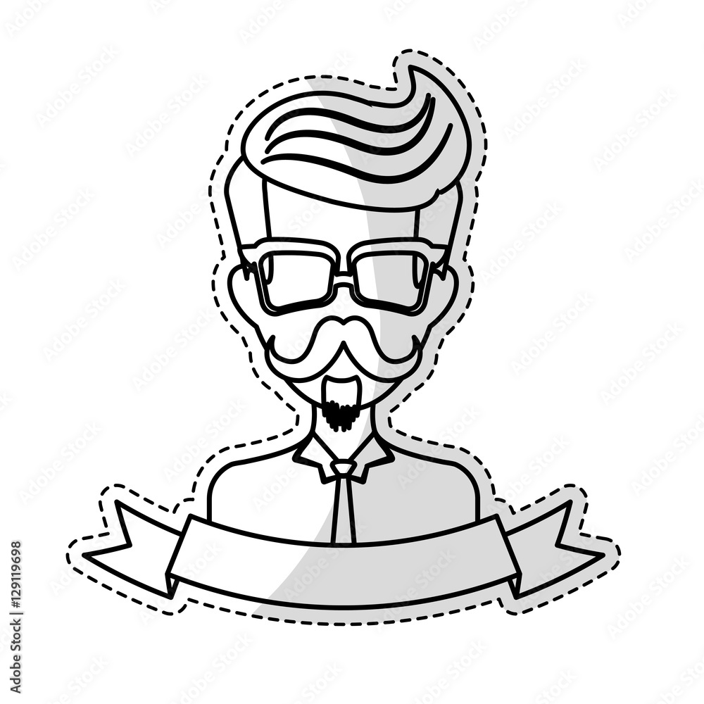 sticker of man face with mustache and glasses and decorative ribbon over white background. hispter style concept. vector illustration sticker of man face with mustache and glasses and decorative ribbon over white background. hispter style concept. vector illustration