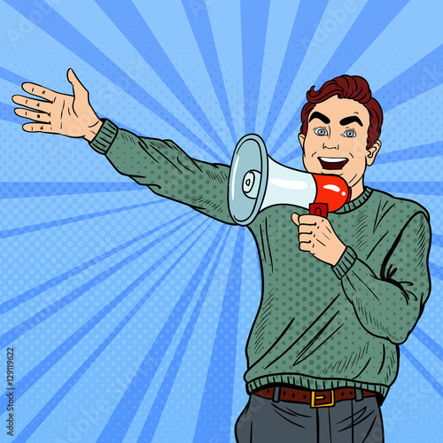 Pop Art Man with Megaphone Promoting Big Sale. Vector illustration