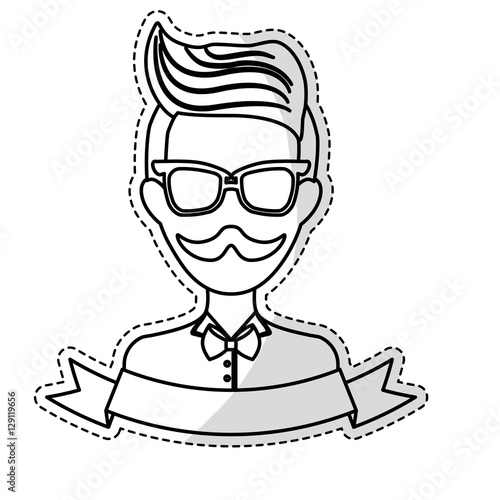 sticker of man face with mustache and glasses and decorative ribbon over white background. hispter style concept. vector illustration