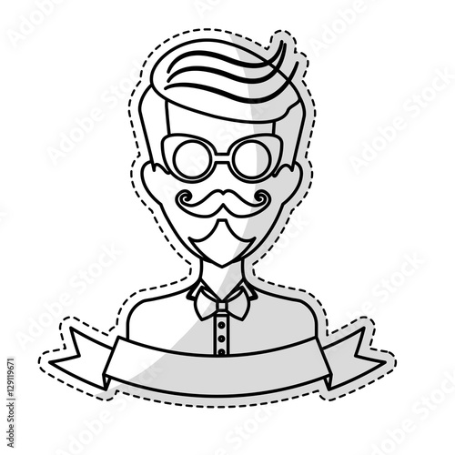sticker of man face with mustache and glasses and decorative ribbon over white background. hispter style concept. vector illustration
