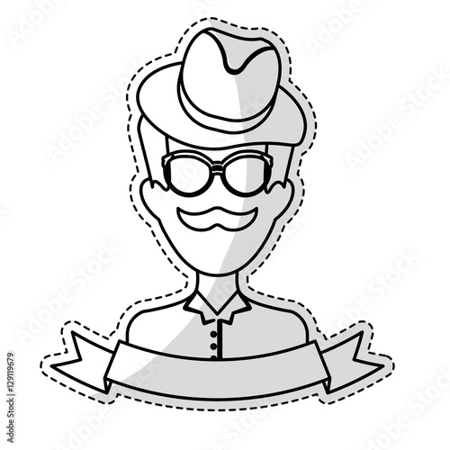 sticker of man face with mustache and glasses and decorative ribbon over white background. hispter style concept. vector illustration