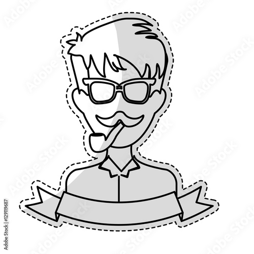 sticker of man face with mustache and glasses and decorative ribbon over white background. hispter style concept. vector illustration