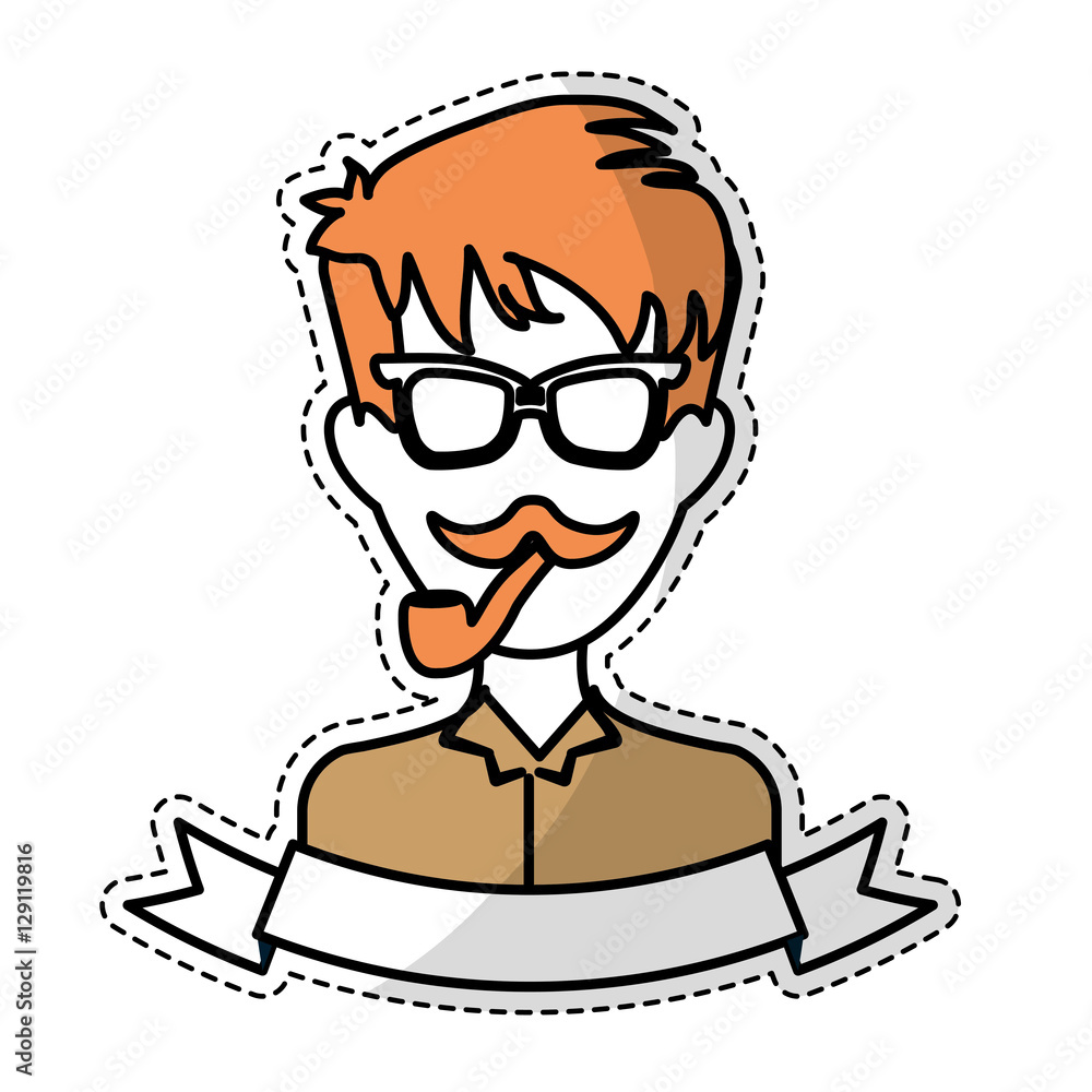 sticker of man face with mustache and glasses and decorative ribbon over white background. hispter style concept. colorful design. vector illustration