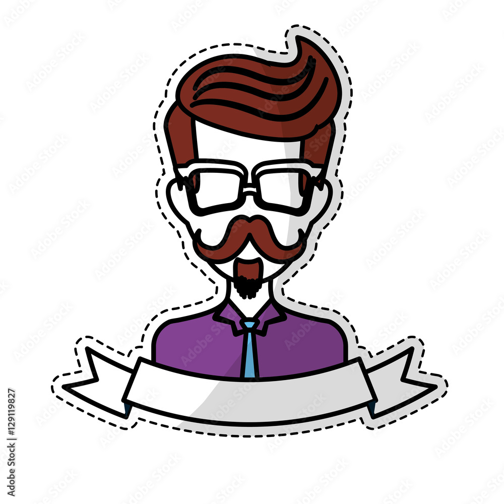 sticker of man face with mustache and glasses and decorative ribbon over white background. hispter style concept. vector illustration
