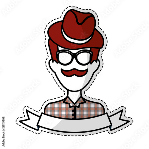 sticker of man face with mustache and glasses and decorative ribbon over white background. hispter style concept. colorful design. vector illustration